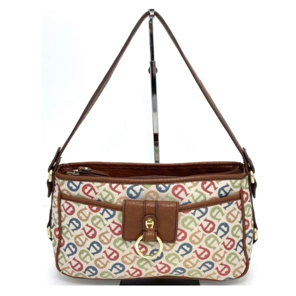 ETIENNE Aigner Vintage Multi Logo Canvas Hobo Shoulder Bag